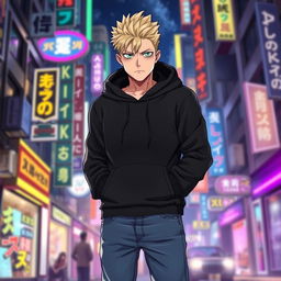 A tall adult male character illustrated in the Jujutsu Kaisen (JJK) art style, featuring striking blonde hair and bright green eyes