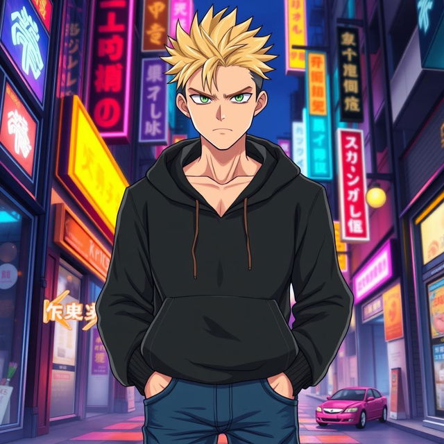 A tall adult male character illustrated in the Jujutsu Kaisen (JJK) art style, featuring striking blonde hair and bright green eyes