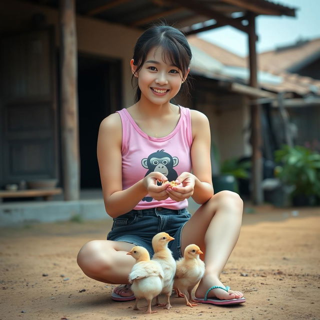 A beautiful Korean girl wearing a pink tank top with a monkey image, short black denim shorts, and flip-flops, sitting and facing the camera while feeding small chicks