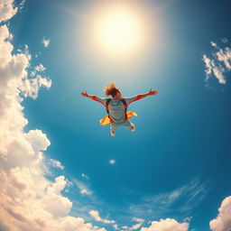 A person gracefully falling through a vibrant, blue sky filled with fluffy white clouds