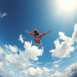 A person gracefully falling through a vibrant, blue sky filled with fluffy white clouds