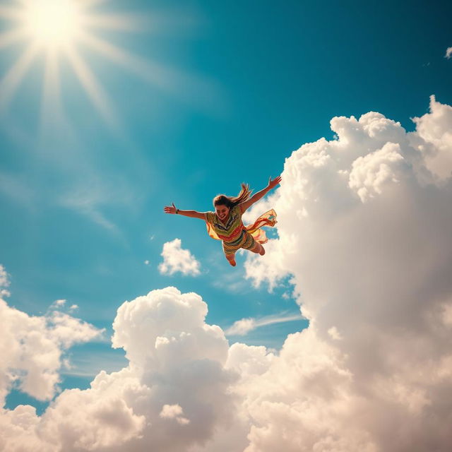 A person gracefully falling through a vibrant, blue sky filled with fluffy white clouds