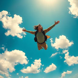 A person gracefully falling through a vibrant, blue sky filled with fluffy white clouds