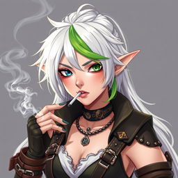 A half-high elf woman exuding an air of cool confidence, featuring striking steampunk style white hair with a bold green stripe