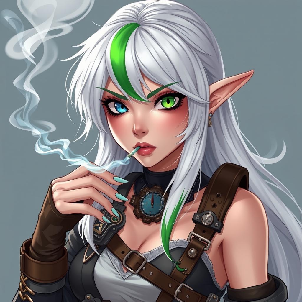A half-high elf woman exuding an air of cool confidence, featuring striking steampunk style white hair with a bold green stripe