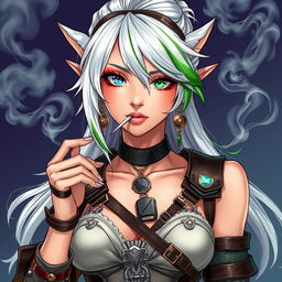 A half-high elf woman exuding an air of cool confidence, featuring striking steampunk style white hair with a bold green stripe