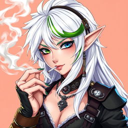 A half-high elf woman exuding an air of cool confidence, featuring striking steampunk style white hair with a bold green stripe