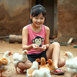 A beautiful Korean girl wearing a pink tank top with a monkey graphic, black shorts, and flip flops, sitting facing the camera while feeding small chickens