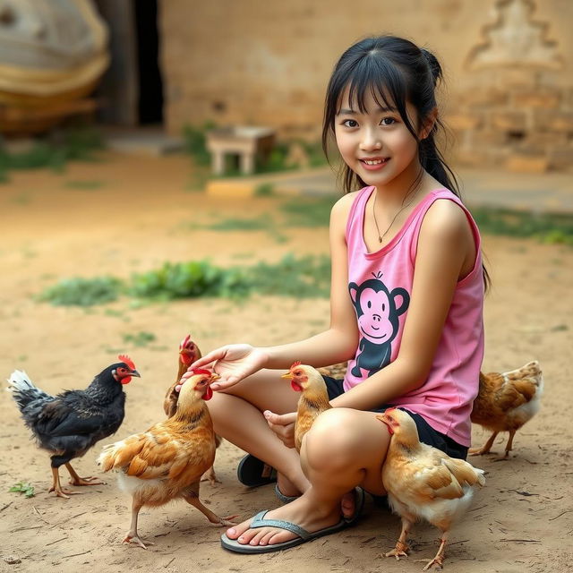A beautiful Korean girl wearing a pink tank top with a monkey graphic, black shorts, and flip flops, sitting facing the camera while feeding small chickens