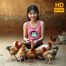 A beautiful Korean girl wearing a pink tank top with a monkey graphic, black shorts, and flip flops, sitting facing the camera while feeding small chickens