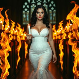 A beautiful curvy, shapely, sexy bride with black hair and sparkling light blue eyes, adorned with frosted aqua eye shadow, thick black eyeliner, and long black eyelashes, along with bright red lipstick