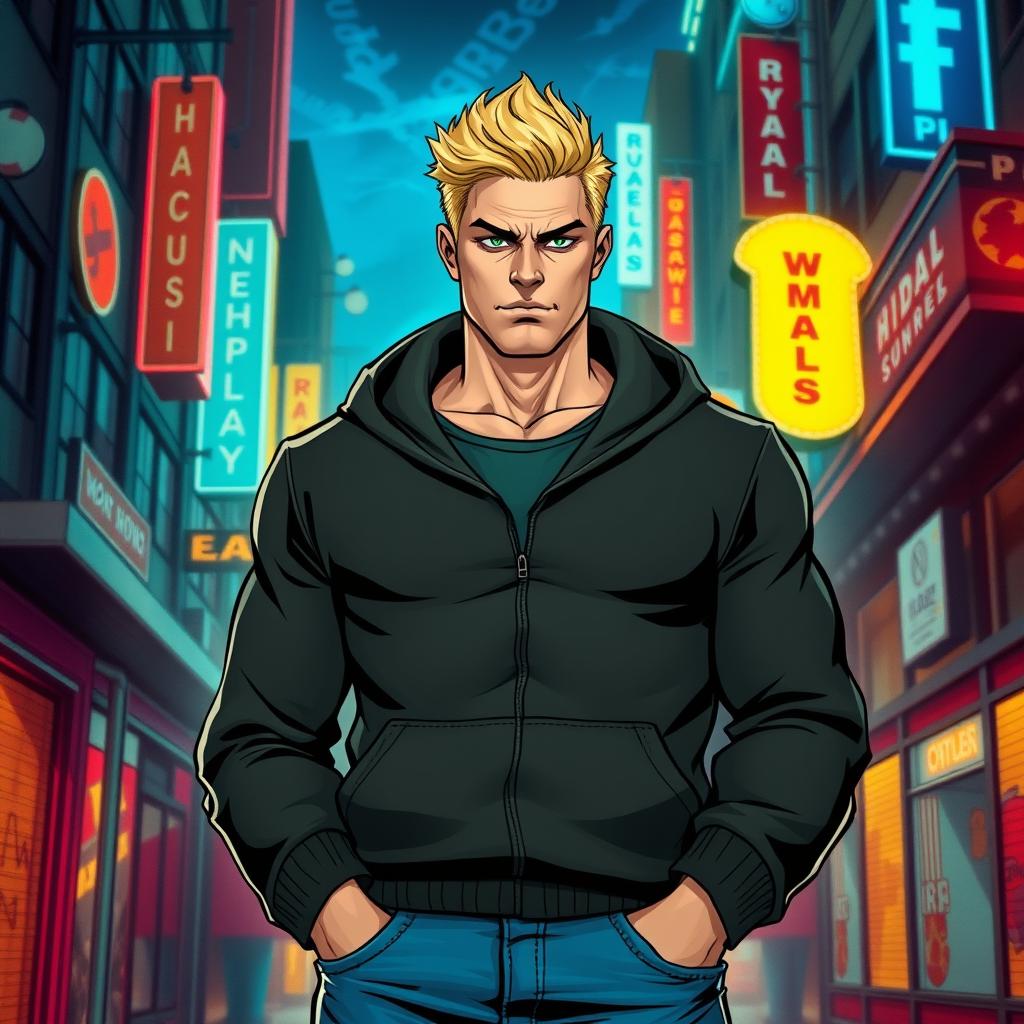 An American superhero comic book cover featuring a tall adult male superhero with striking blonde hair and vivid green eyes