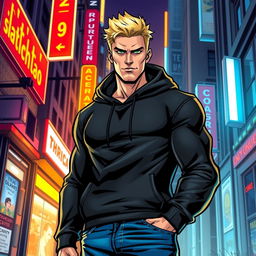 An American superhero comic book cover featuring a tall adult male superhero with striking blonde hair and vivid green eyes