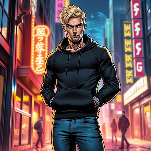 An American superhero comic book cover featuring a tall adult male superhero with striking blonde hair and vivid green eyes