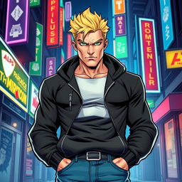 An American superhero comic book cover featuring a tall adult male superhero with striking blonde hair and vivid green eyes