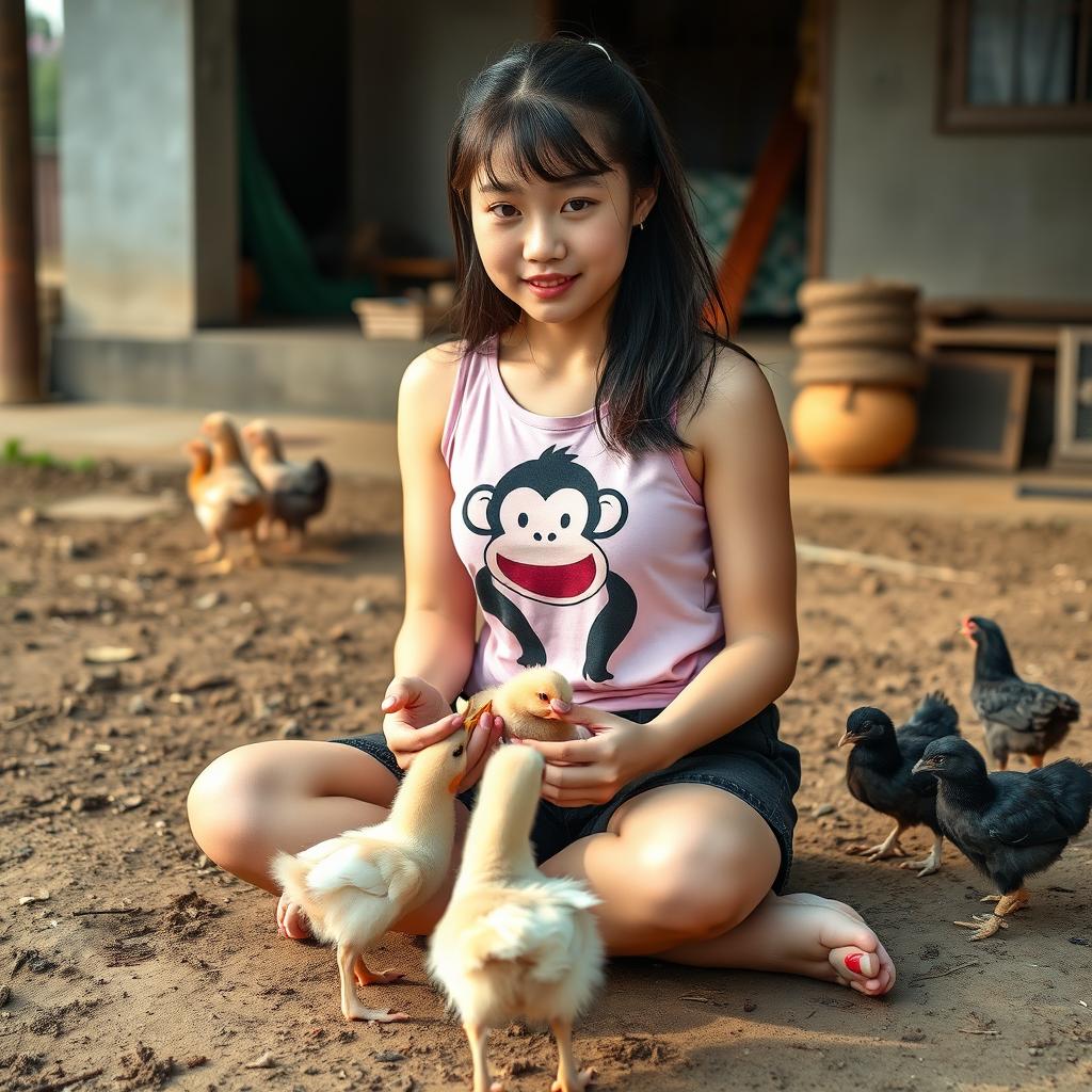 A beautiful Korean girl wearing a pink tank top with a monkey graphic, black denim shorts, and flip-flops, sitting facing the camera while feeding small baby chickens