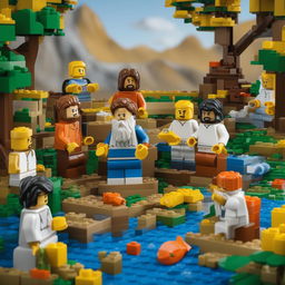 A playful, high-resolution digital art image depicting Jesus and his disciples, all made from Lego blocks