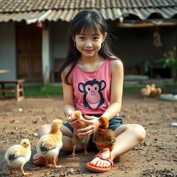 A beautiful Korean girl wearing a pink tank top with a monkey graphic, black denim shorts, and flip-flops, sitting facing the camera while feeding small baby chickens