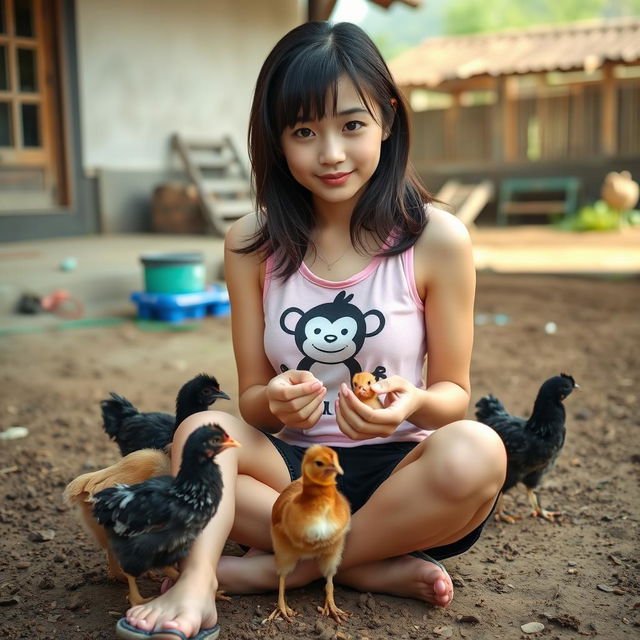 A beautiful Korean girl wearing a pink tank top with a monkey graphic, black denim shorts, and flip-flops, sitting facing the camera while feeding small baby chickens