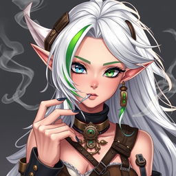 A half-high elf woman exuding a captivating charm, featuring steampunk style white hair highlighted with a striking green stripe