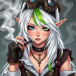 A half-high elf woman exuding a captivating charm, featuring steampunk style white hair highlighted with a striking green stripe