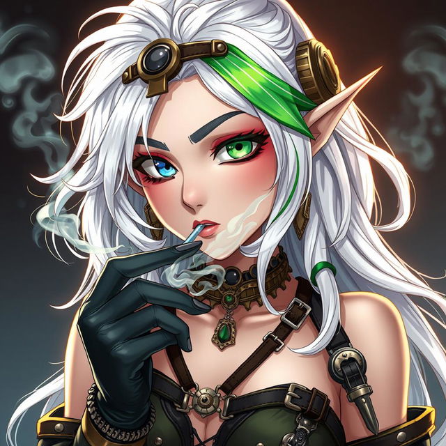 A half-high elf woman exuding a captivating charm, featuring steampunk style white hair highlighted with a striking green stripe