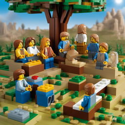 A playful, high-resolution digital art image depicting Jesus and his disciples, all made from Lego blocks