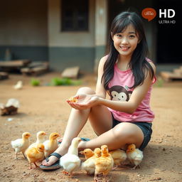 A beautiful Korean girl wearing a pink tank top with a monkey design, black short jeans, and flip flops, sitting facing the camera while feeding small chicks