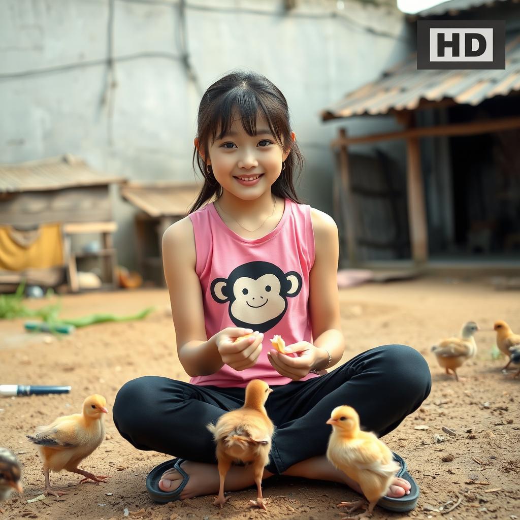 A beautiful Korean girl wearing a pink tank top with a monkey design, black short jeans, and flip flops, sitting facing the camera while feeding small chicks