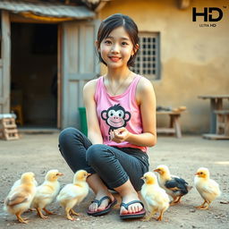 A beautiful Korean girl wearing a pink tank top with a monkey design, black short jeans, and flip flops, sitting facing the camera while feeding small chicks