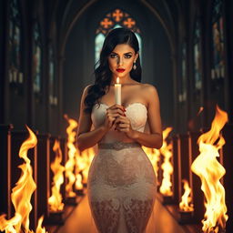 A beautiful, shapely, sexy bride with black hair and sparkling light blue eyes, enhanced by frosted aqua eye shadow, thick black eyeliner, and long black eyelashes, complemented by bright red lipstick