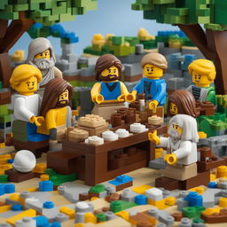 A playful, high-resolution digital art image depicting Jesus and his disciples, all made from Lego blocks