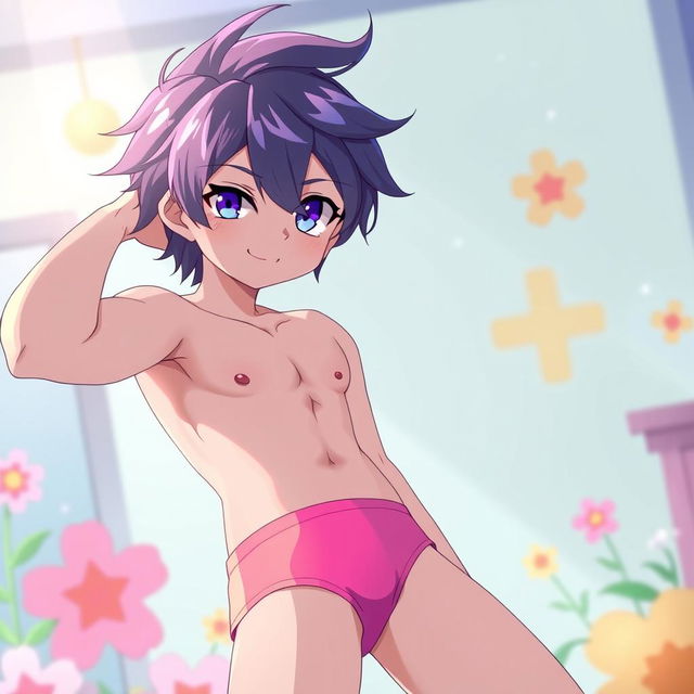 A playful anime scene featuring a male character with striking anime hair, wearing bright, stylish girls' underwear