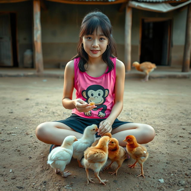 A beautiful Korean girl wearing a pink tank top with a monkey graphic, black shorts, and flip-flops, sitting and facing the camera while feeding small chicks