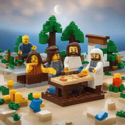 A playful, high-resolution digital art image depicting Jesus and his disciples, all made from Lego blocks