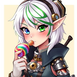 A half-high elf woman showcasing an adorable yet fierce demeanor, featuring steampunk style white hair accented with a bold green stripe