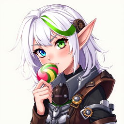 A half-high elf woman showcasing an adorable yet fierce demeanor, featuring steampunk style white hair accented with a bold green stripe