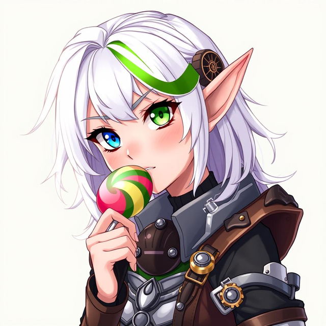 A half-high elf woman showcasing an adorable yet fierce demeanor, featuring steampunk style white hair accented with a bold green stripe