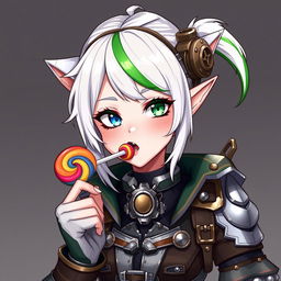 A half-high elf woman showcasing an adorable yet fierce demeanor, featuring steampunk style white hair accented with a bold green stripe