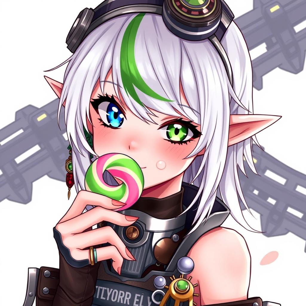 A half-high elf woman showcasing an adorable yet fierce demeanor, featuring steampunk style white hair accented with a bold green stripe