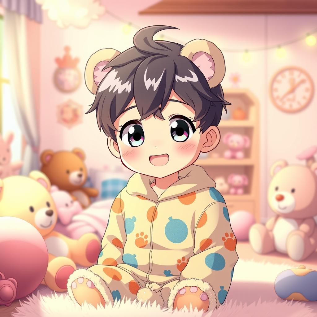 A cute anime boy wearing colorful teddy bear pajamas, featuring a playful and cheerful expression