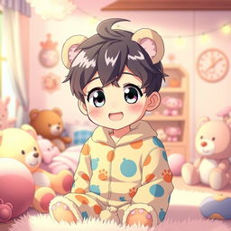 A cute anime boy wearing colorful teddy bear pajamas, featuring a playful and cheerful expression