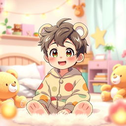 A cute anime boy wearing colorful teddy bear pajamas, featuring a playful and cheerful expression
