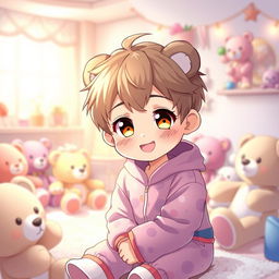 A cute anime boy wearing colorful teddy bear pajamas, featuring a playful and cheerful expression