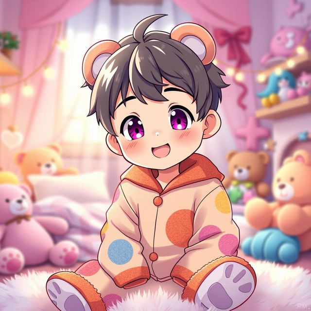 A cute anime boy wearing colorful teddy bear pajamas, featuring a playful and cheerful expression