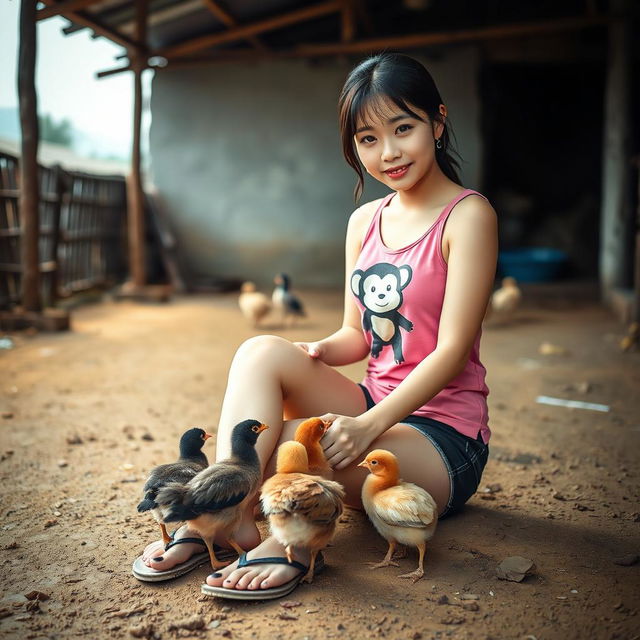 A beautiful Korean woman wearing a pink tank top with a monkey design, short black denim shorts, and flip-flops, sitting facing the camera while feeding small chicks