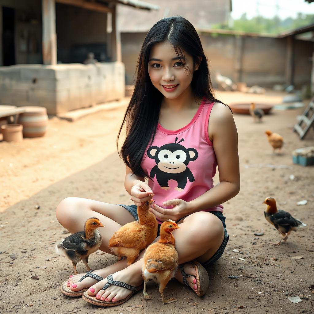 A beautiful Korean woman wearing a pink tank top with a monkey design, short black denim shorts, and flip-flops, sitting facing the camera while feeding small chicks