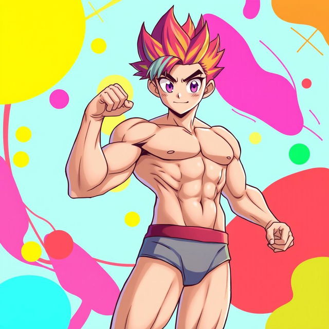 A muscular anime boy wearing tight underwear, showcasing his toned physique