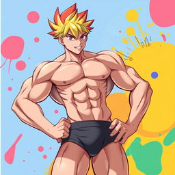 A muscular anime boy wearing tight underwear, showcasing his toned physique