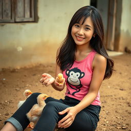 A beautiful Korean woman wearing a pink tank top with a monkey graphic and black short jeans, sitting facing the camera while feeding small chicks